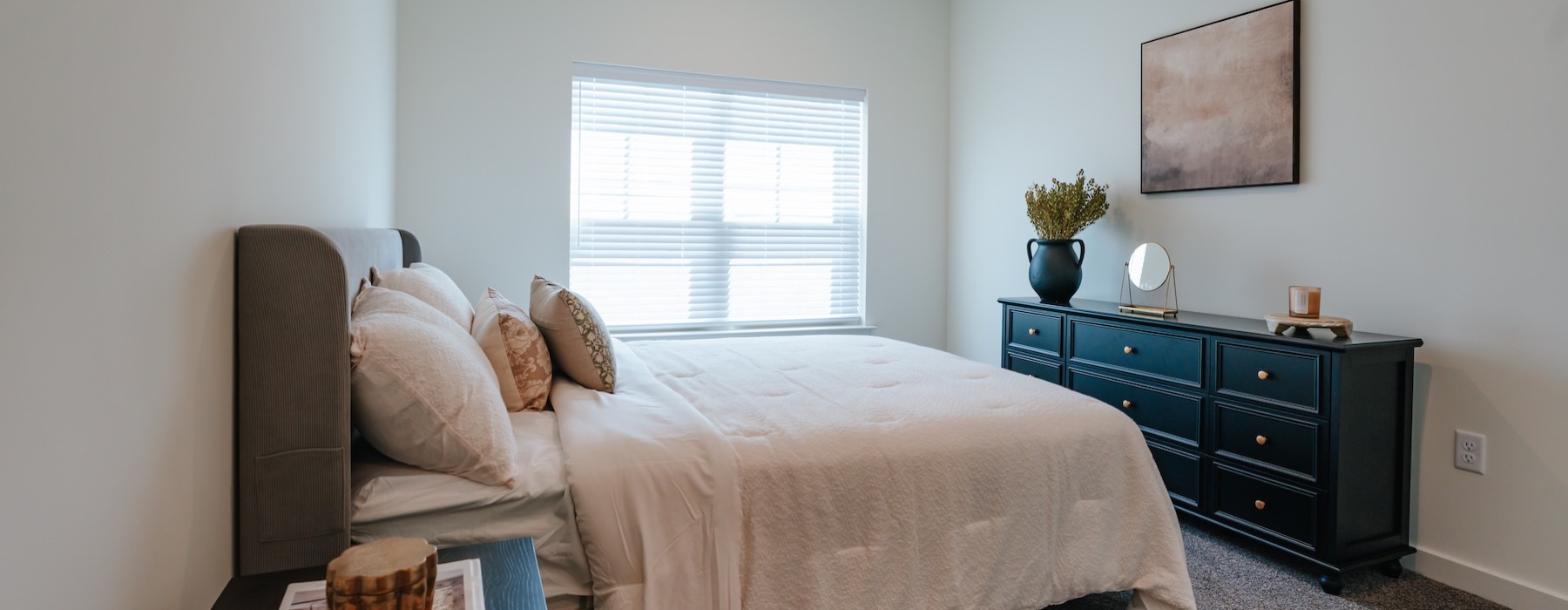 a bedroom with a bed and dresser