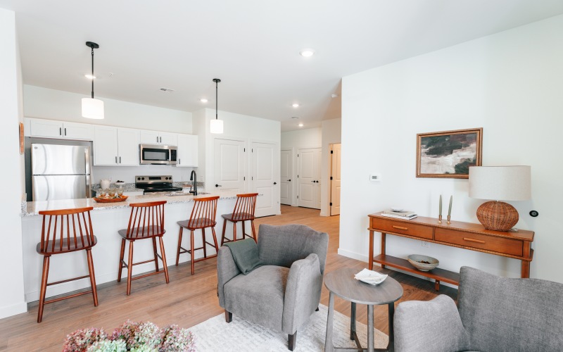 Spacious living room into  the kitchen